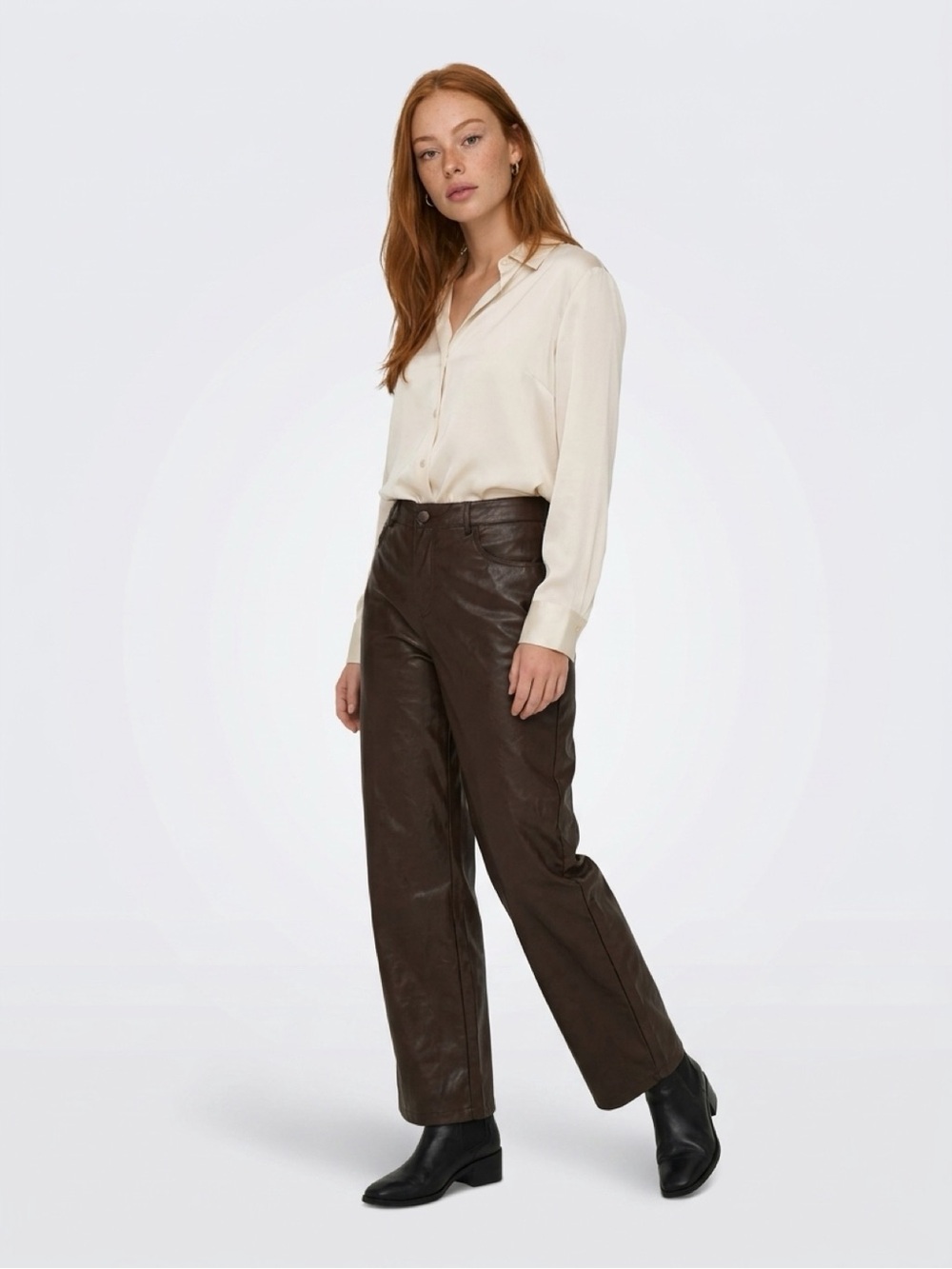 Zara Dark Brown Faux Leather Wide-Leg Pants
